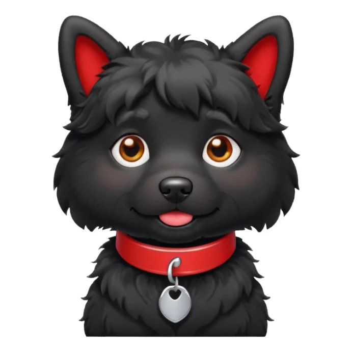 Black fluffy dog, white patch on chest, red collar sticker