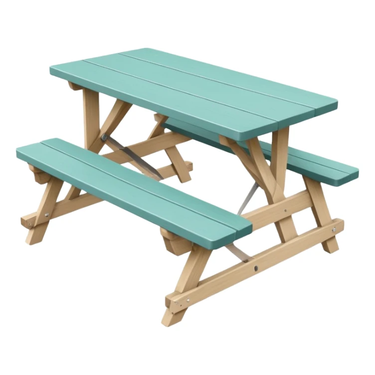 simple rectangular picnic table with attached benches, soft teal color, straight vertical legs, small wheels underneath, flat wood-style silhouette, muted teal tone, clean geometry, minimal shading, slightly theatrical sticker