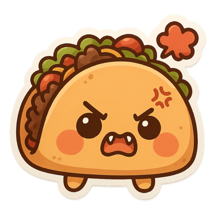 cute angry taco with puffed cheeks, tiny fangs, playful angry expression, simple background sticker