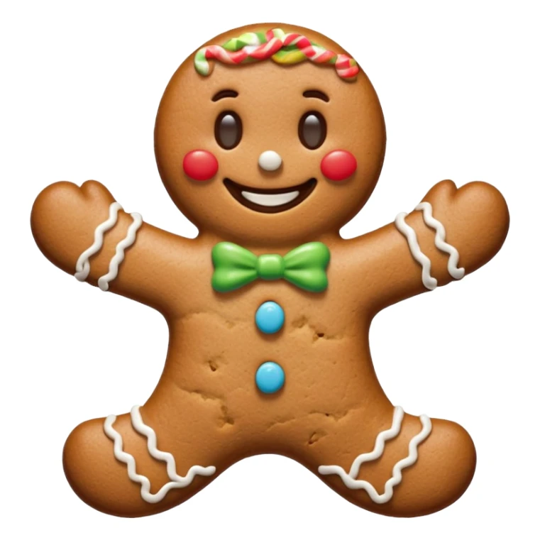{
    "type": "object",
    "look": "gingerbread man, icing smile, cookie texture, front view",
    "description": "a cheerful gingerbread cookie shaped like a man, smiling with white icing details"
  } sticker