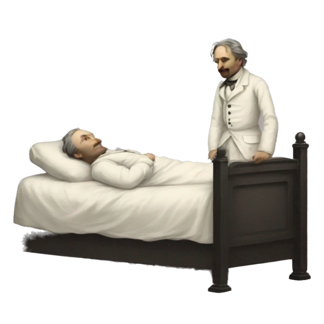 A sick man on a bed in 1870 sticker
