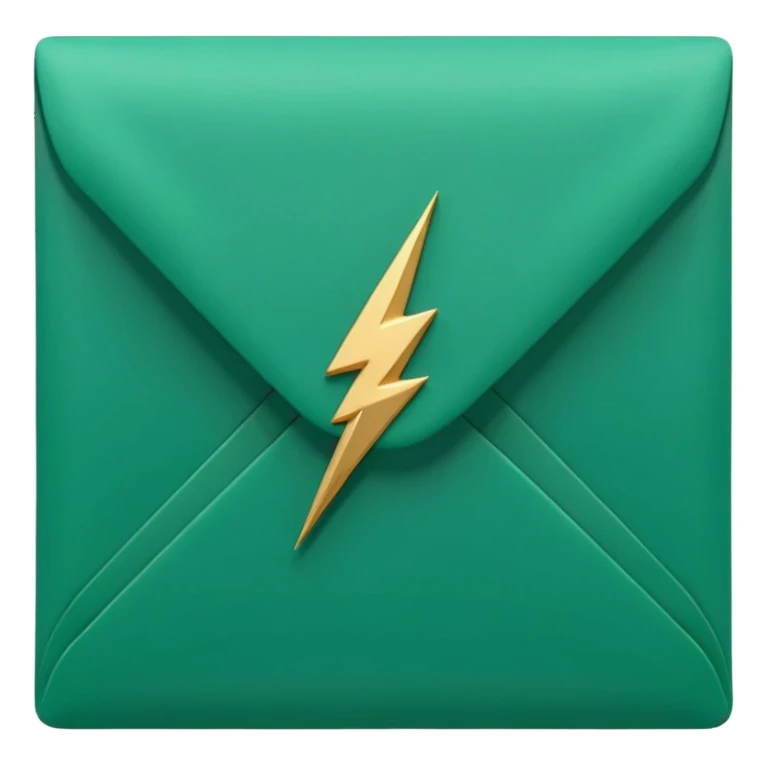 3D minimal envelope icon with small lightning bolt accent, matte finish, deep green (#0B3D2C), gold (#C9B037) lightning, Apple style, ultra minimal, soft shadow, transparent background sticker