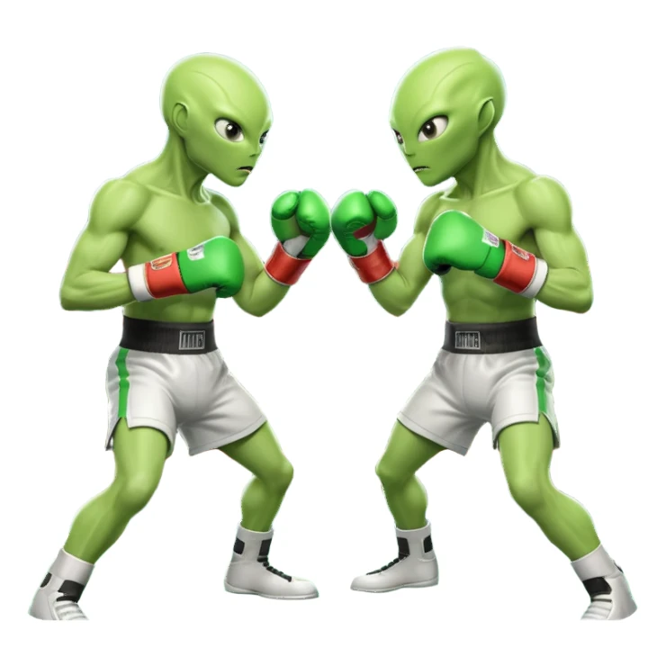two aliens boxing in a fight stance, facing each other with raised gloves, dynamic action pose, intense expressions, sci-fi arena vibe, 3D cartoon style, mobile game icon style, clean background, no text, no watermark
 sticker