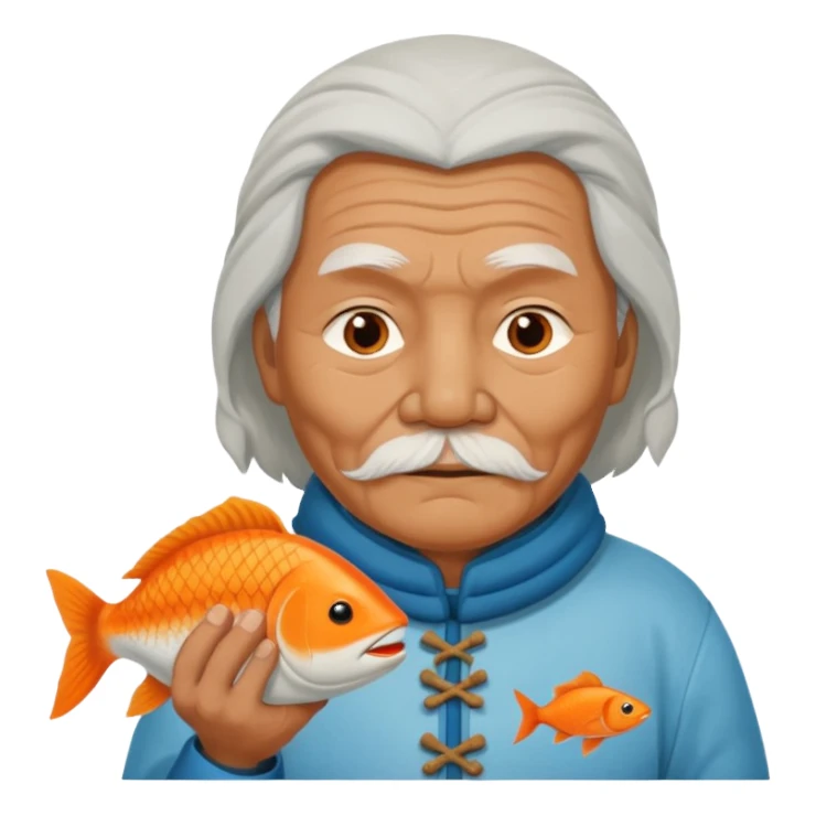 old inuit man with traditional inuit clothes and orange fish sticker
