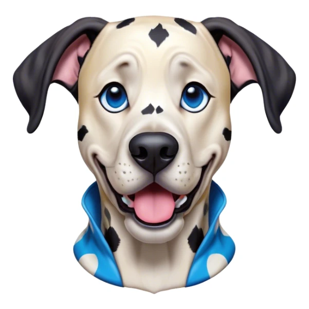 Cinematic Comical Harlequin Great Dane Portrait Emoji, Head tilted dramatically with an exaggeratedly shocked or amused expression, featuring a striking coat of predominantly white with vivid black patches, wide, expressive blue eyes filled with playful disbelief, Simplified yet hilariously expressive features, highly detailed, glowing with a slightly sassy glow, high shine, dramatic yet playful, stylized with an air of cheeky charm, bright and endearing, soft glowing outline, capturing the essence of a spirited and over-the-top guardian, so meme-worthy it feels like it could side-eye its way into internet fame instantly! sticker