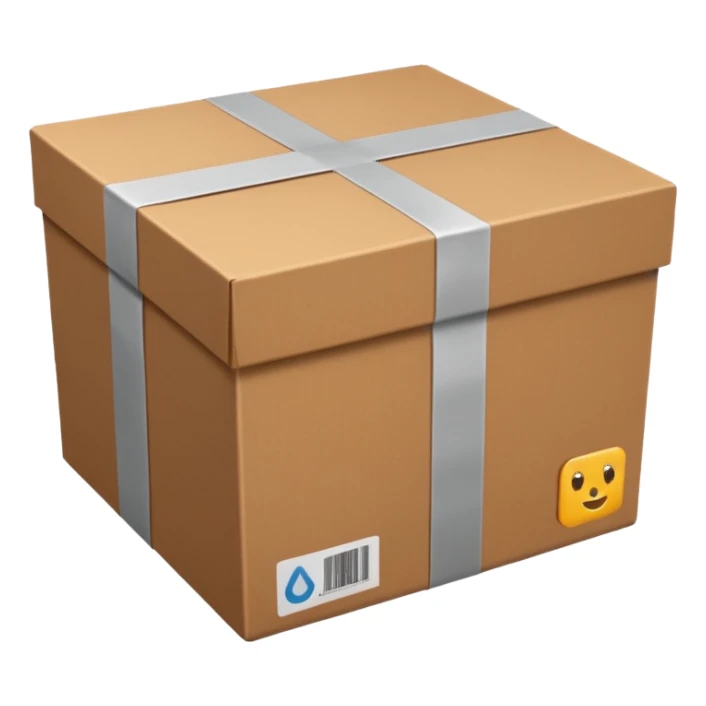 simple package, brown cardboard box with tape, stylized sticker