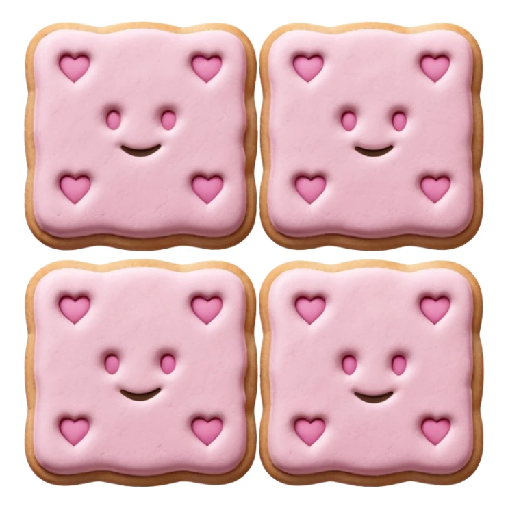 three pink Reims biscuits, rectangular with rounded edges, soft pink color, powdered sugar dusting, crisp textured surface with subtle cracks, arranged overlapping, soft lighting, subtle shadows, no plate or packaging, no faces, transparent background, emoji scale sticker
