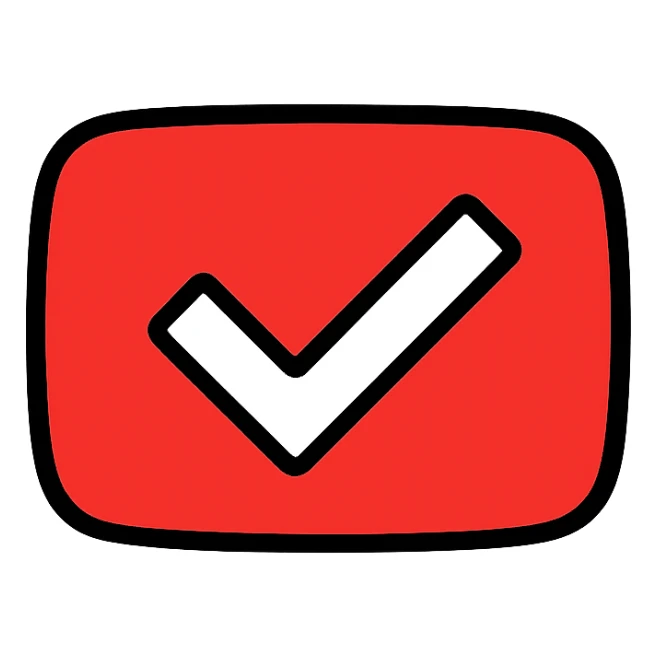 YouTube verified checkmark icon, clean, recognizable, suitable for digital use, white checkmark inside a red play button shape, no text sticker
