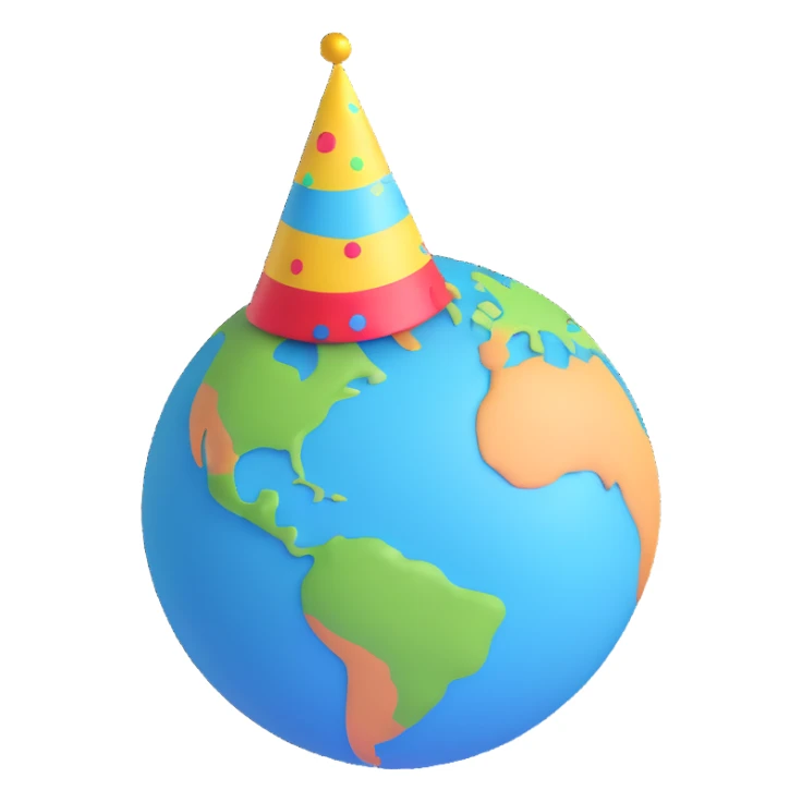 a laughing planet Earth with a party hat sticker