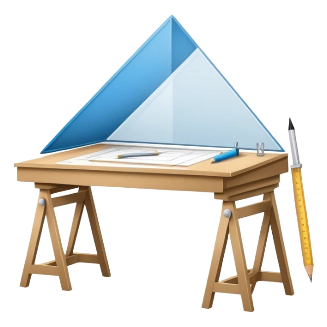 Create a sleek and modern icon representing Architecture, featuring elements like blueprints, a drafting table, and architectural tools (ruler, line, triangle). The design should be visually sophisticated, clean, and professional, without any emojis. The background should be transparent sticker
