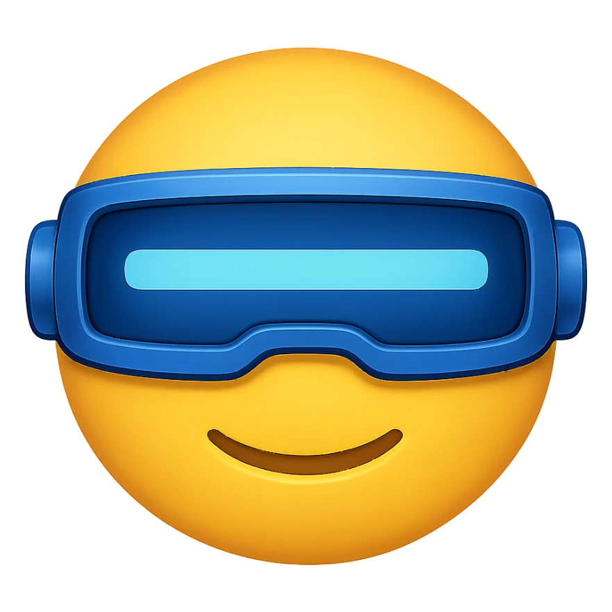 yellow face with blue robot visor emoji, digital illustration, no background sticker