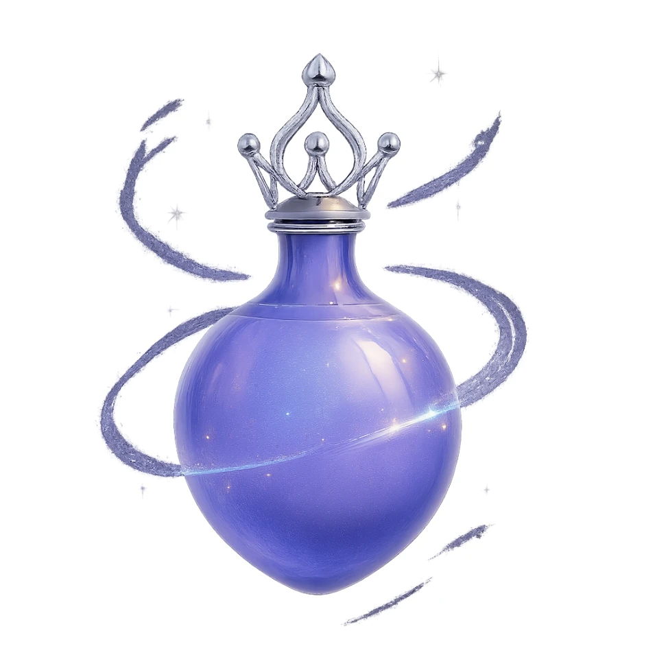 final ultra-luxurious small elixir bottle inspired by a crown shape on top, color #7986cb, bottom merges seamlessly into a rounded, closed bottle (not flat or glass-like), the whole bottle looks like it's floating and swirling in the air, elegant silver and iridescent details, magical glowing and sparkling effects, very small neck, seamless rounded bottom, transparent background, no base or shadow, modern, luxury collection style sticker