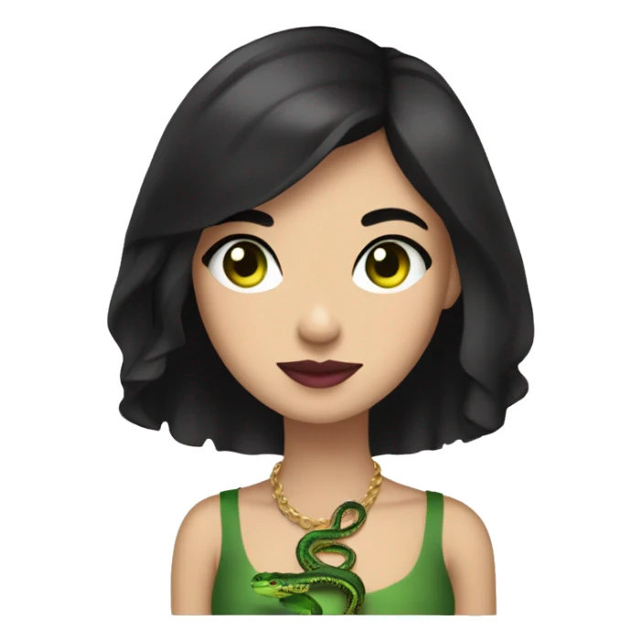 A girl with short black hair, bright green eyes and dark pink lips with a royal python in her hands sticker