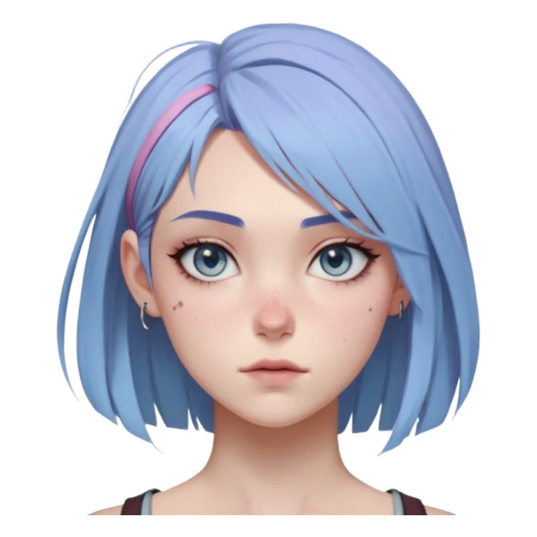 Vi from Arcane (Netflix Animation)

Face Shape: Strong, angular with high cheekbones and a defined jawline. Slightly pointed chin.
Skin Tone: Fair with a pinkish undertone.
Eyes: Large, almond-shaped, slightly downward-tilted, grey/light-blue.
Eyebrows: Thick, sharp, slightly arched, adding to her bold expression.
Nose: Small to medium with a slightly upturned tip.
Lips: Full but not overly plump, often pursed or smirking.
Hair: left side shaved, right side with long, voluminous bangs partially covering her eye. The back is short and messy.
Other Features: Light freckles, a scar on her right eyebrow.
Expression: Intense and confident, often smirking or glaring.
Accessories: Small silver hoop earring in her left ear.
Tattoo: Roman numeral "VI" on her left cheekbone, below her eye. sticker