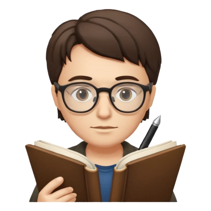 writer holding pen and book, wearing glasses sticker