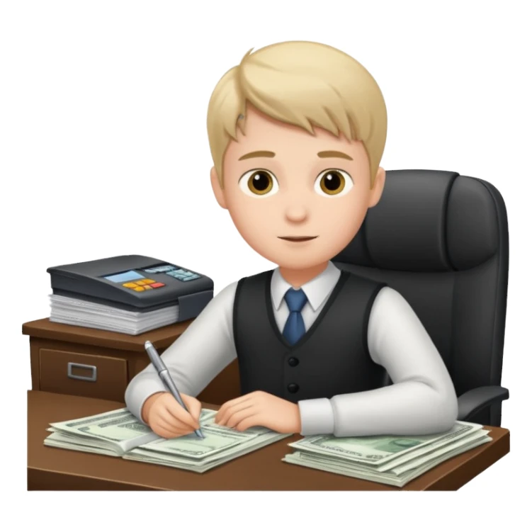 boy at desk with financial papers sticker