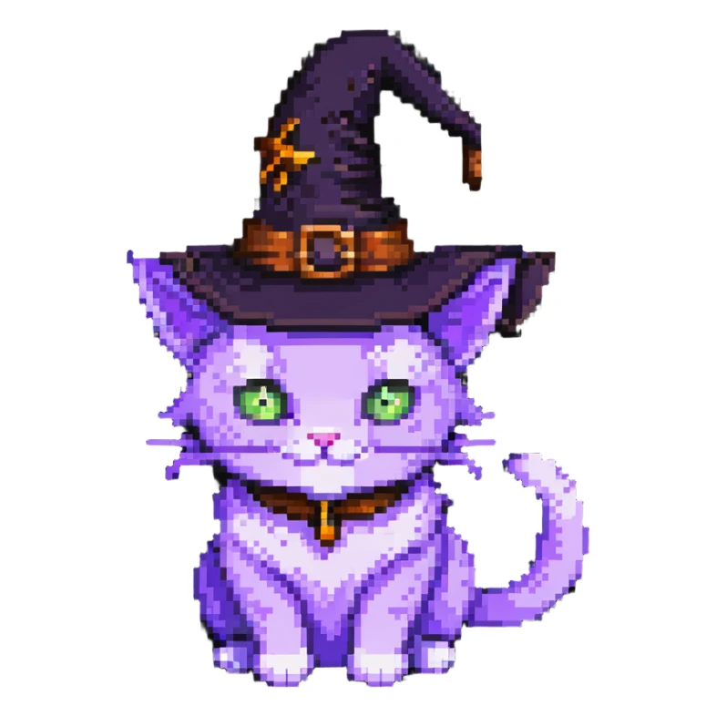 purple cat wearing a witch hat sticker