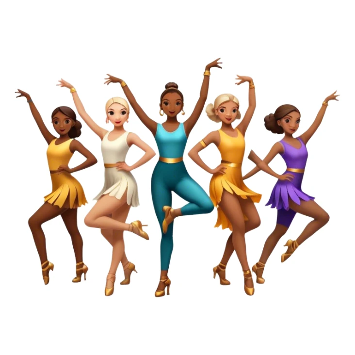 Icon for Contemporary Dance: a synchronized group dance performance with dancers in modern outfits, performing on stage with bright spotlighting and energetic movement. The icon should capture the dynamic and vibrant nature of contemporary dance. Transparent background. sticker