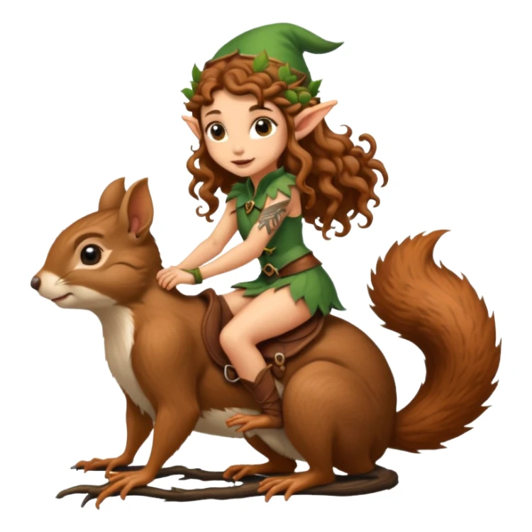 tiny forest elf long curly brown hair tattoos riding squirrel sticker