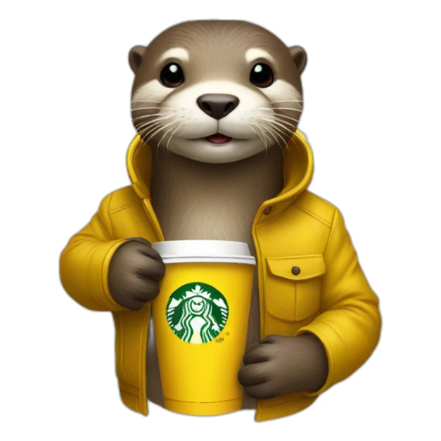 Otter with yellow coat drinking starbucks sticker