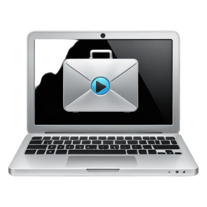 laptop with a play button and gear above sticker