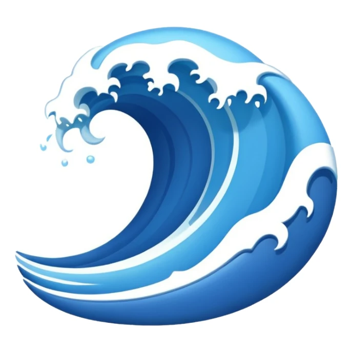 "Create a flat 2D vector wave emoji in Apple iOS style, with solid blue colors, clean lines, and no gradients or 3D effects. The wave should be simple, using basic shapes with smooth curves on a white background."
 sticker