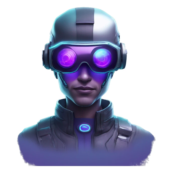 Secret humanoid agent in a futuristic hat with in Apple VR goggles headset code display on the goggles , cyberpunk, cyan and purple colors, only upper body portrait, front facing the camera  sticker