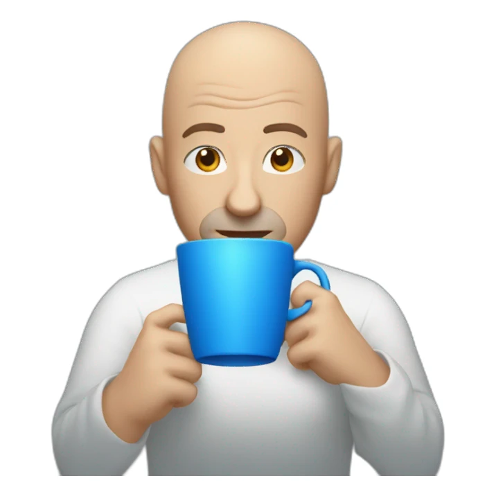 Bald man raising eyebrow, drinking from a blue cup sticker