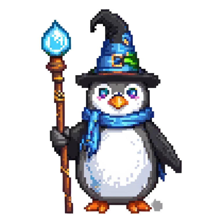 penguin wizard with a staff and wizard hat sticker