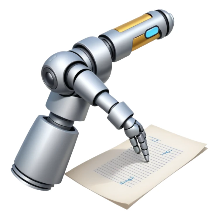 A robot's hand writes text on paper sticker