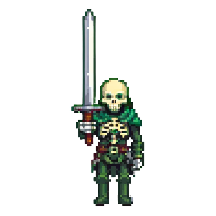 skeleton with a sword, green bones, iron sword sticker