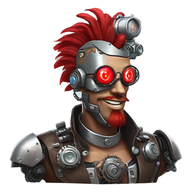 cyborg head with red Mohawk, red beard. silver steampunk monocle goggles a smile and circuits sticker