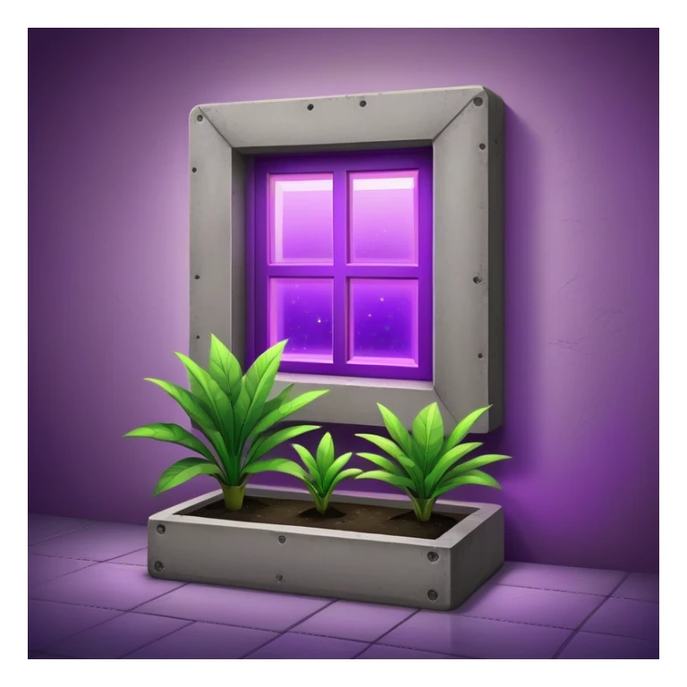 Rectangular concrete structure at night with one bright purple window from plant grow lights sticker