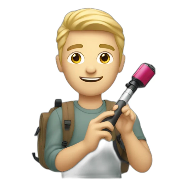 Blonde guy filming with a selfiestick and backpack sticker
