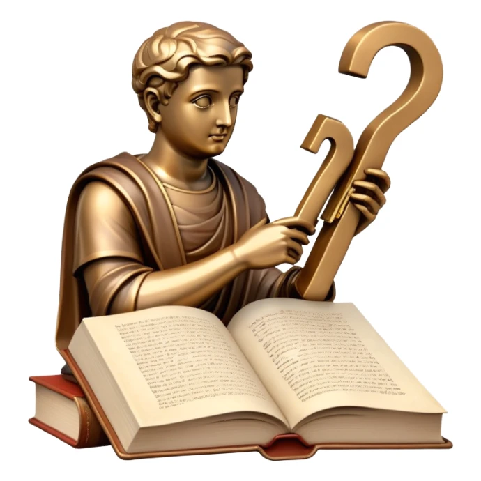 An icon featuring a thinker statue, a scroll, and a question mark, symbolizing philosophy. The design includes books, and abstract symbols representing deep thought and wisdom. Transparent background highlights the study of ideas, logic, and existential questions sticker