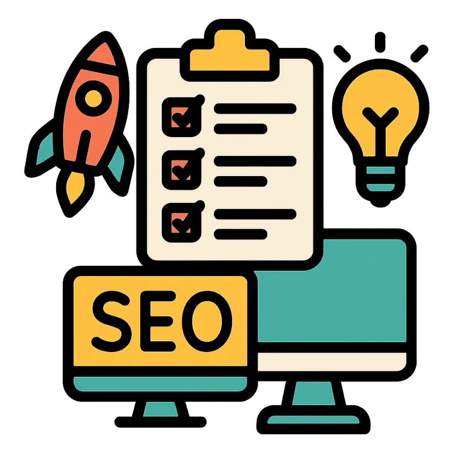 checklist, rocket, lightbulb, computer screen, modern clean style SEO strategy emoji sticker