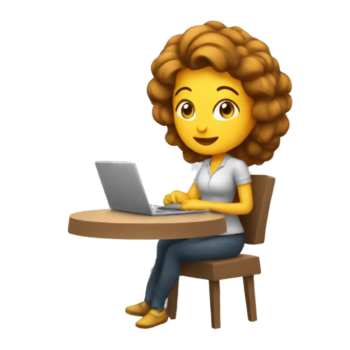 mujer con pelo cafe largo con lapto sticker