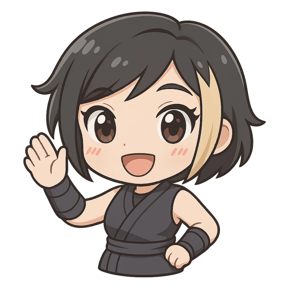 Make this exact chibi ninja girl wave forward (toward viewer), keeping the same anime chibi style, face, outfit, and colors. Only change the arm position for animation. Transparent background, sized for Twitch emoji use. sticker