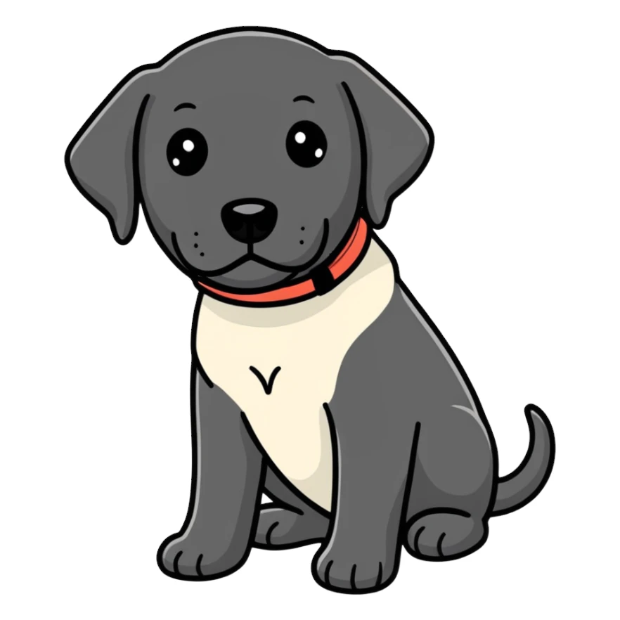 Black Labrador with white chest sticker