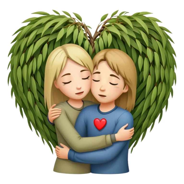 heart-shaped weeping willow tree surrounding two friends hugging in a comforting way, supportive embrace, with small heart symbol sticker