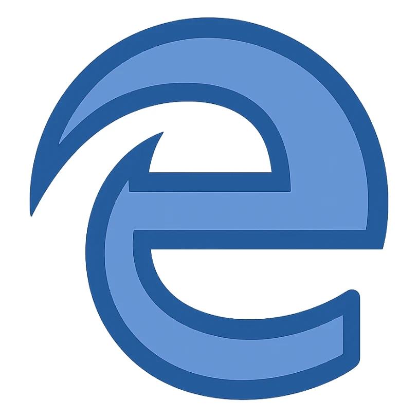 Reimagine the Microsoft Edge logo in a minimalistic, flat blue style consistent with previous icons. Use almost exclusively shades of blue for the swirling 'e' shape, with clean, simple lines. Prioritize clarity, recognizability, and consistency with the other icons. Fully transparent background, minimal use of other colors. sticker