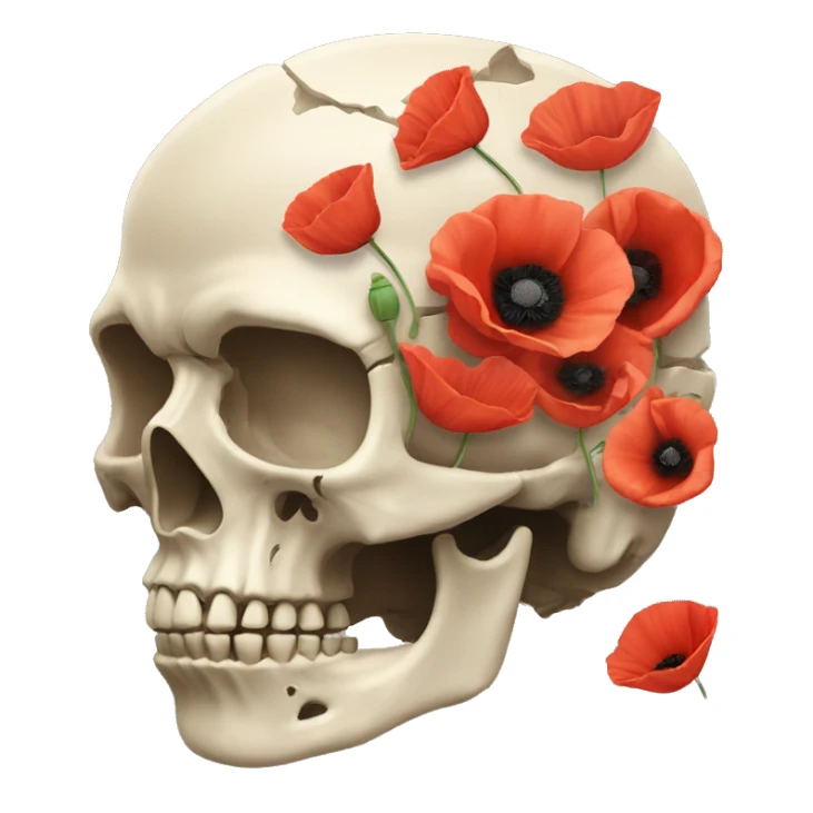 broken skull with poppies instead the brain sticker
