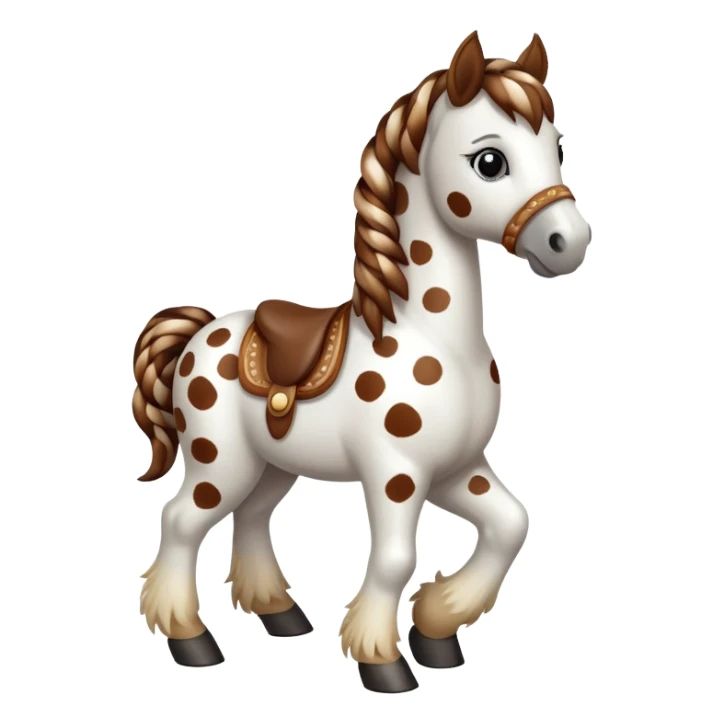 A spotted toy horse with braided mane and friendly expression sticker