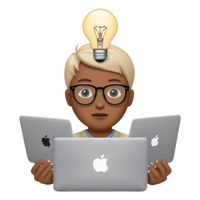 Like a cartoon working with a computer (macbook, showing the apple logo) thinking and a light bulb above his head while he thinks sticker