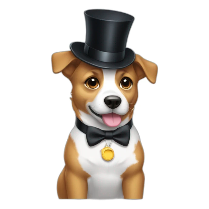 Doggo wearing a tower hat and tuxedo sticker