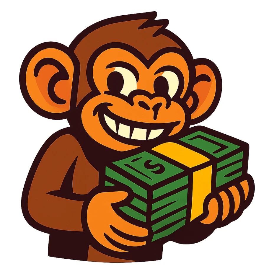 cartoon monkey with a stack of cash, smiling mischievously sticker