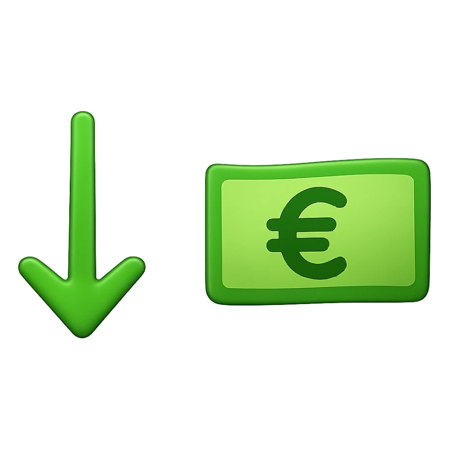 Create an image with two separate elements on a transparent background in classic Apple emoji style. On the left, a single green downward arrow with one arrowhead and clear space around it. On the right, a single banknote featuring a Euro sign, styled as a classic Apple emoji. Both elements should be clearly separated and maintain the look and feel of Apple-style emojis. sticker