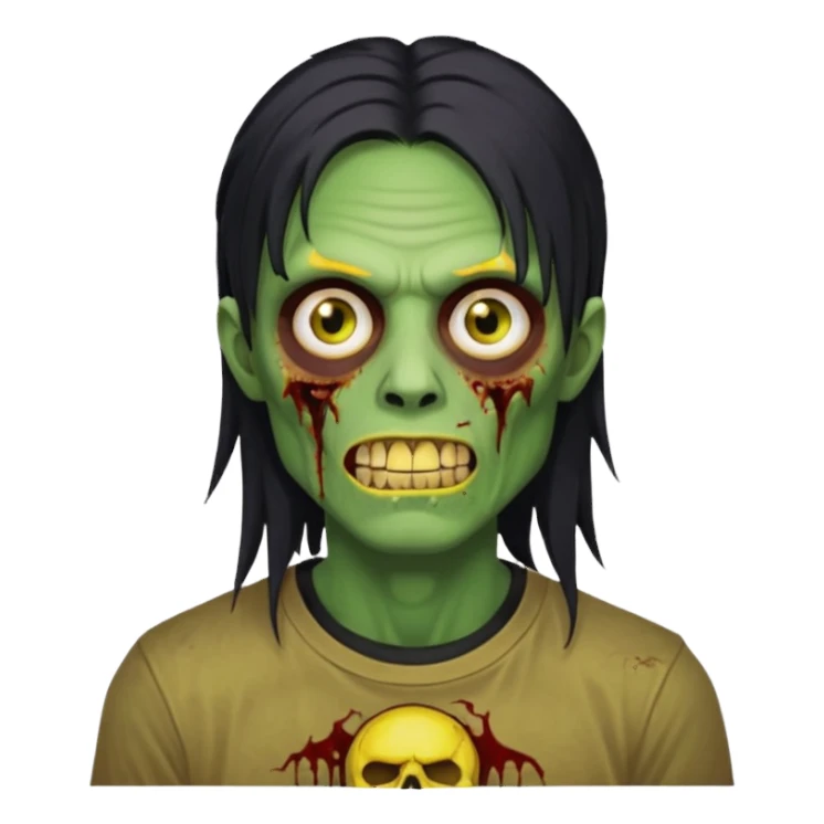 I want you to give me a zombie man and his skin its green who has golden teeth, yellow eyes, eyebrows and black hair, the hair I want to be a long modcut cut and is wearing a brown affliction T-shirt and thin circular lenses sticker