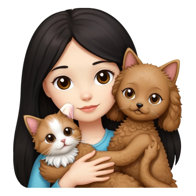 女仔黑色直長頭髮，抱住一隻啡色小型貴賓犬， 同埋一隻長毛布偶貓 sticker