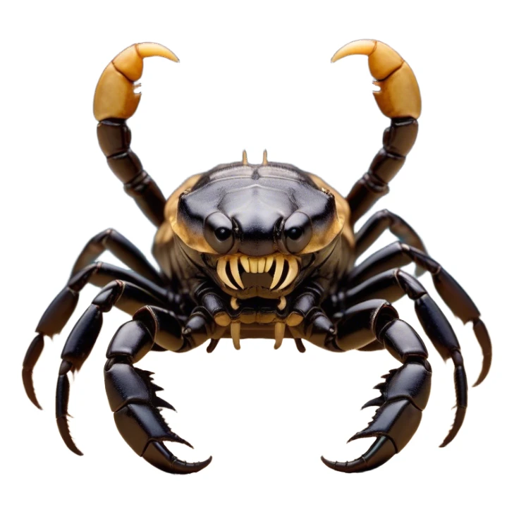Cinematic Comical Emperor Scorpion Portrait Emoji, Head tilted dramatically with an exaggeratedly amused expression, featuring a striking, glossy exoskeleton with boldly defined pincers and wide, expressive eyes filled with playful disbelief, Simplified yet hilariously expressive features, highly detailed, glowing with a slightly sassy glow, high shine, dramatic yet playful, stylized with an air of cheeky desert mischief, soft glowing outline, capturing the essence of a spirited and over-the-top scorpion that feels like it could snap its pincers into internet fame instantly! sticker